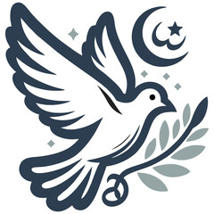 A symbolic vector of a peace dove holding an olive branch, accompanied by a crescent moon and stars. Perfect for religious, cultural, or peace-themed designs.