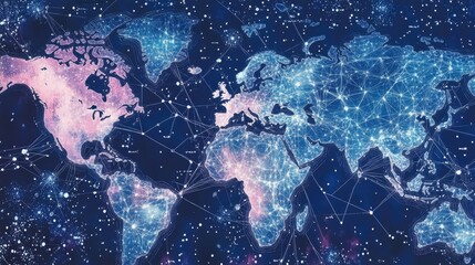 Futuristic World Map with Network Connections and Starry Background