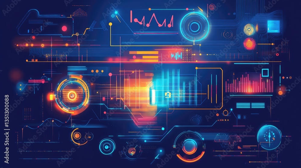Poster abstract digital interface with vibrant colors displaying data visualizations and futuristic element