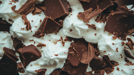 Decadent texture of rich dark chocolate ganache and whipped topping for dessert inspiration