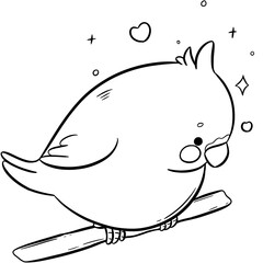 A Whimsical Line Art Illustration of a Chubby Cockatiel Perched on a Stick