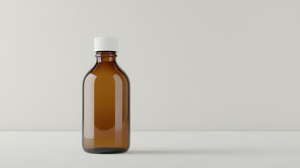 Minimalist brown glass bottle with white cap on neutral background. Perfect for product presentation.