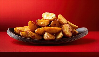 Fototapeta premium Fried potatoes on a plate on a red background 