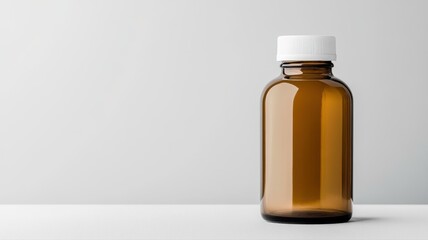 Minimalist brown glass bottle with white cap on plain background, ideal for medical or cosmetic packaging.
