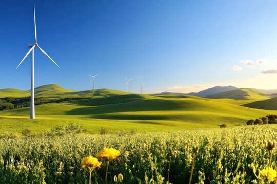 Wind turbines on a green rolling hill with a clear blue sky and vibrant clouds creating a serene landscape.