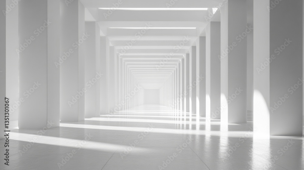 Poster white hallway with many columns and light shining through openings