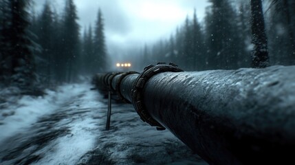 Frozen Pipeline Through Snowy Forest