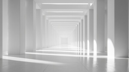 White hallway with many columns and light shining through openings