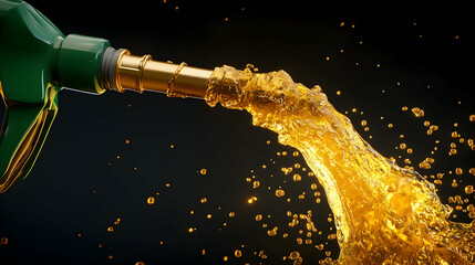 Fuel nozzle dispensing gasoline; golden liquid stream against black background; energy industry illustration