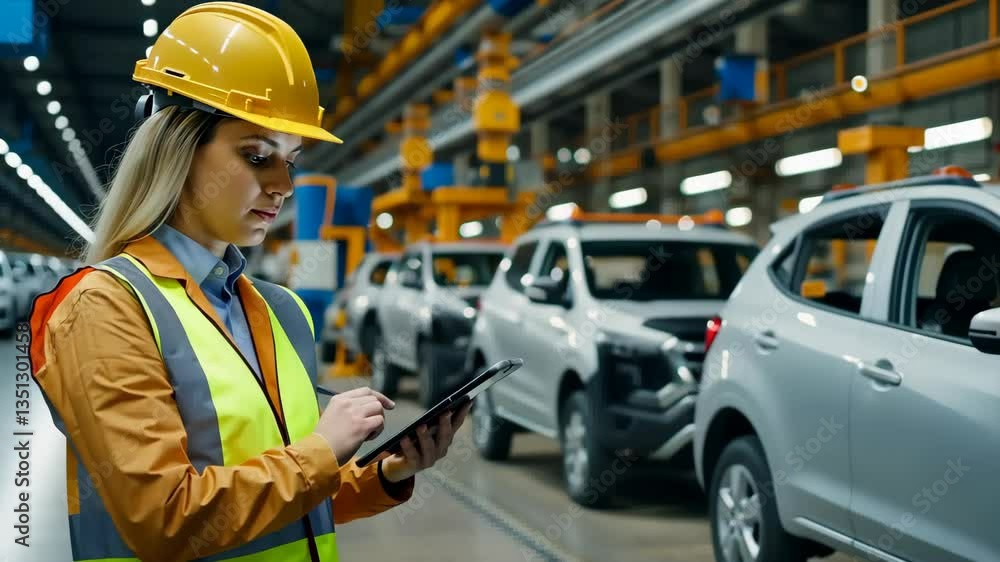 Poster A female engineer in a hard hat checks her device in a modern automotive factory, surrounded by vehicles on the production line. Emphasizing the integration of technology in mechanical engineering.