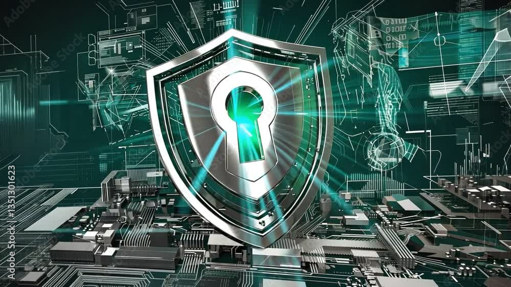 Poster cybersecurity shield: a digitally rendered cybersecurity shield with a keyhole, radiating a vibrant 