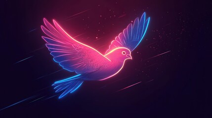 Obraz premium Neon Dove Soaring, Night Sky, Hope