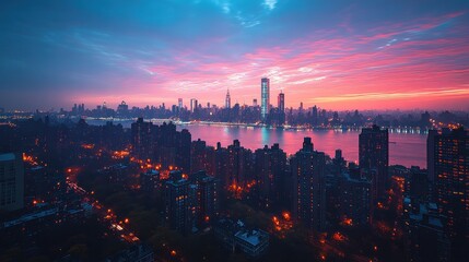 Obraz premium Aerial view of NYC skyline at vibrant sunrise over Hudson River
