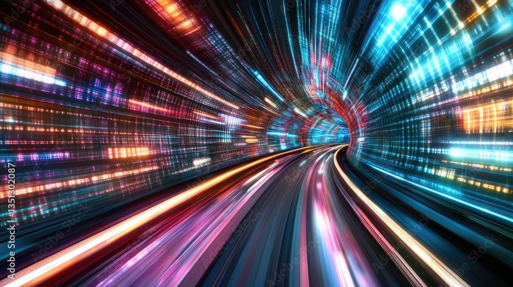 Poster abstract representation of a vibrant, high-speed tunnel with colorful light trails and digital patte