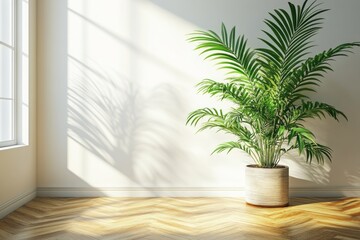 Fototapeta premium Potted areca palm graces a sunlit corner of a room