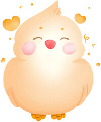 A Charming Digital Illustration of a Smiling Cockatiel with Golden Hearts and Sparkles