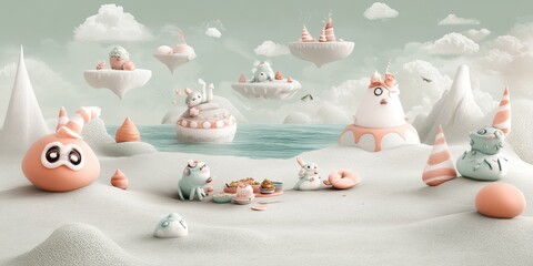 A whimsical illustration featuring cute creatures and a fantasy landscape scene