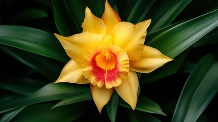 Fototapeta premium A vibrant yellow orchid flower with intricate red markings, surrounded by lush green leaves, showcasing its natural beauty.