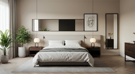 Modern Bedroom Interior with Bedside Tables and Plants
