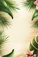 Obraz premium Beach-inspired layout with tropical greenery and floral accents around edges