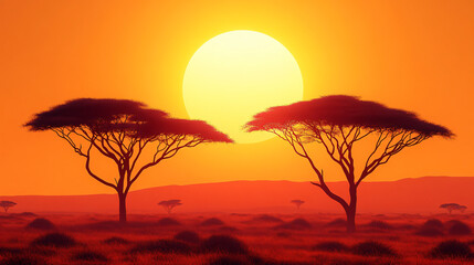 Enchanting sunset with a group of trees silhouetted against a colorful sky creating a striking visual contrast and evoking natural beauty.