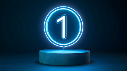 Glowing neon number one on pedestal, dark background, countdown concept, website banner