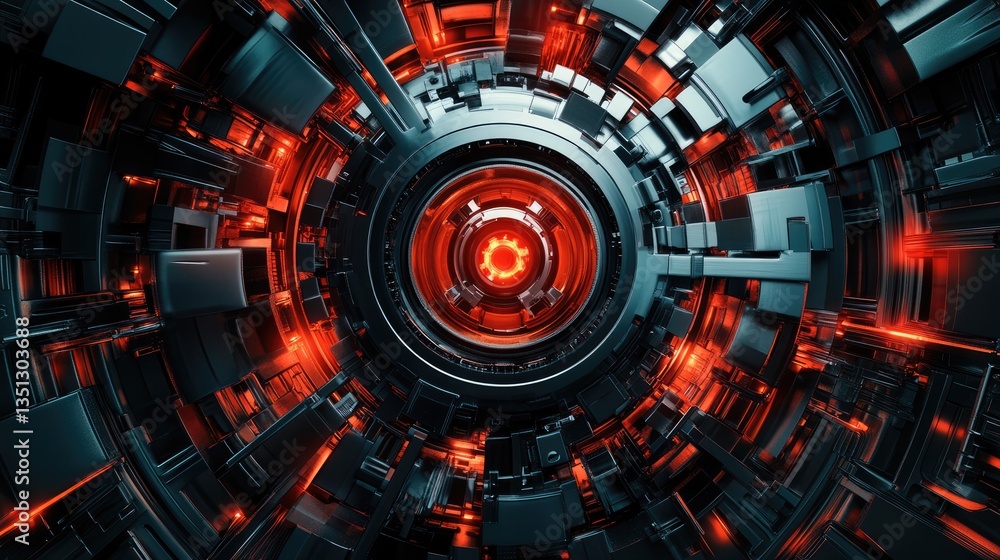Poster abstract futuristic design featuring a circular core with glowing red elements amidst a complex blac