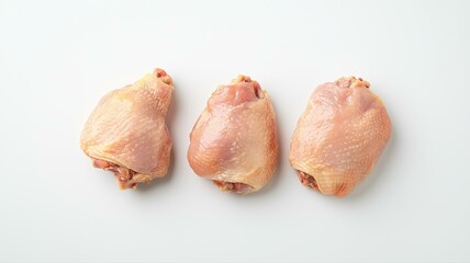 Three raw chicken thighs on a white background, ready for cooking or meal preparation in a clean and minimal setting.