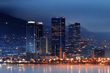 Fototapeta premium City skyline shrouded in dense smog, illustrating urban pollution and environmental challenges.