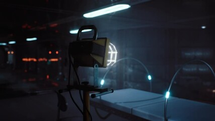 A state of the art device emits a soft glow in a modern laboratory setting. The workspace features high tech tables and glass elements, creating an innovative atmosphere.