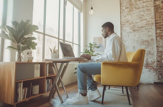 A Black man sits at his desk in an open-plan home office, working on a laptop, freelance, work from home, remote work concept