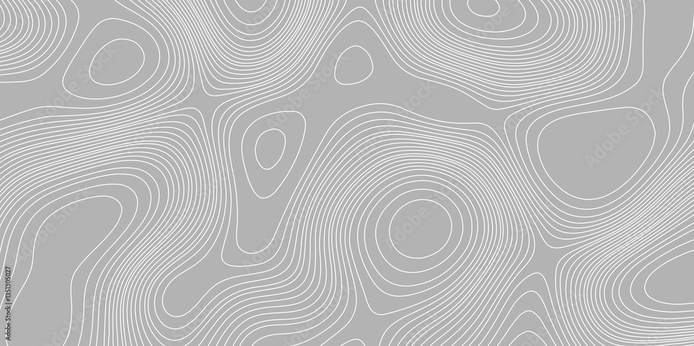 Poster white and grey topographical map with wavy curve lines and geographic mountain relief map with seaml