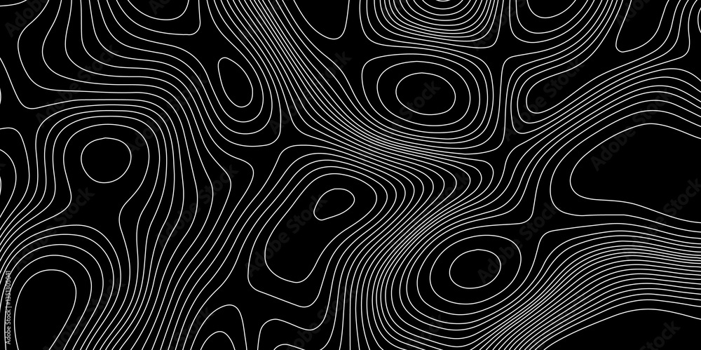Poster black and white topographical map with wavy curve lines and geographic mountain relief map with seam