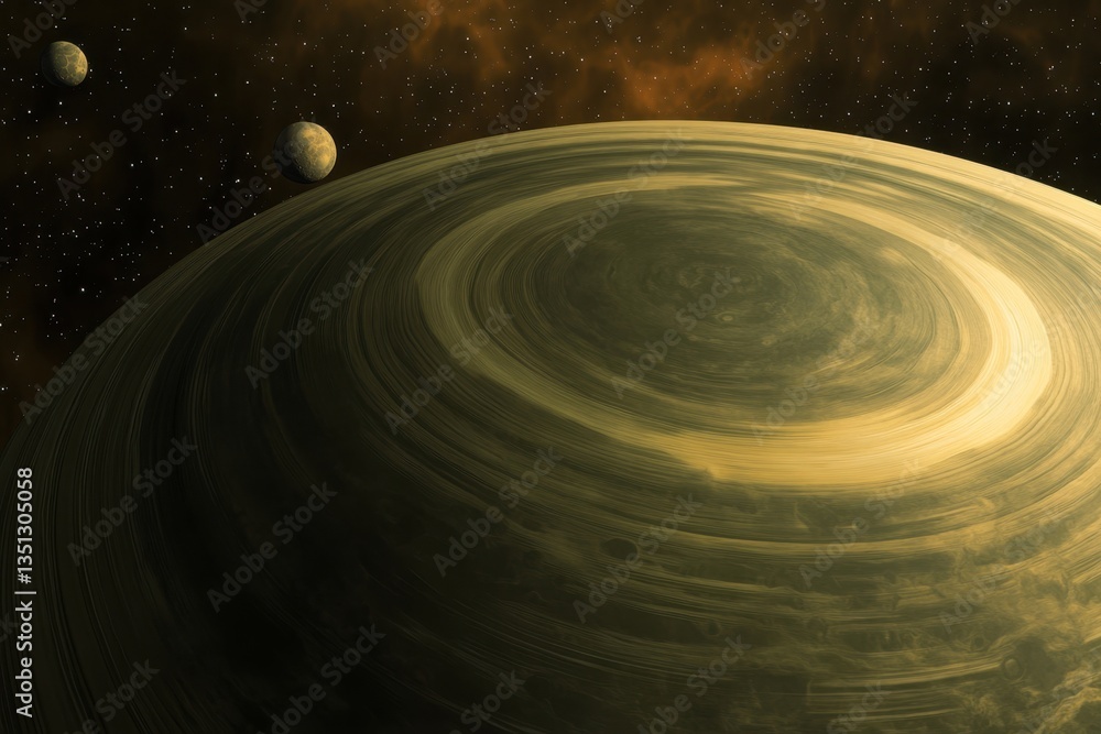 Poster exploration of a distant planet with unique swirling patterns and surrounding moons