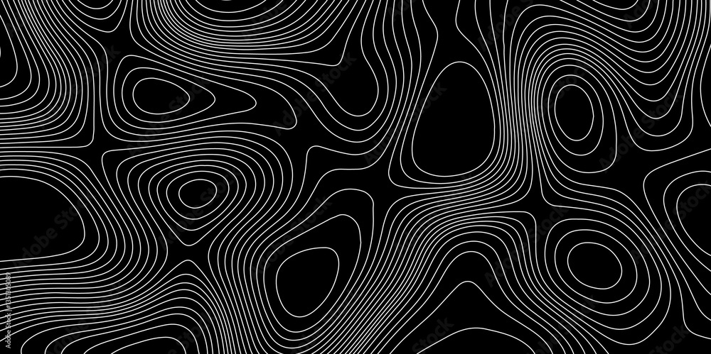 Poster black and white topographical map with wavy curve lines and geographic mountain relief map with seam