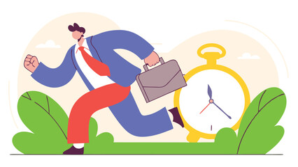 Businessman rushing with a briefcase while a large alarm clock ticks, symbolizing time management, deadline pressure, urgency, stress, and productivity in a modern flat illustration style