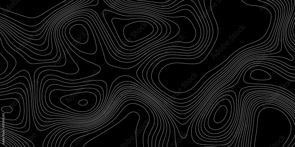 Poster black and white topographical map with wavy curve lines and geographic mountain relief map with seam