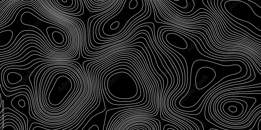 Poster black and white topographical map with wavy curve lines and geographic mountain relief map with seam