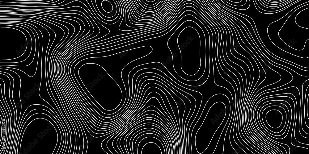 Poster black and white topographical map with wavy curve lines and geographic mountain relief map with seam