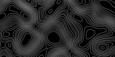 Black and white topographical map with wavy curve lines and geographic mountain relief map with seamless topographic contour lines, stylized height of the topographic modern design with black map.