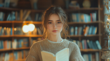 A beautiful girl with glasses is holding an open book in her hands, wearing a sweater and standing against the background of shelves filled with books. 