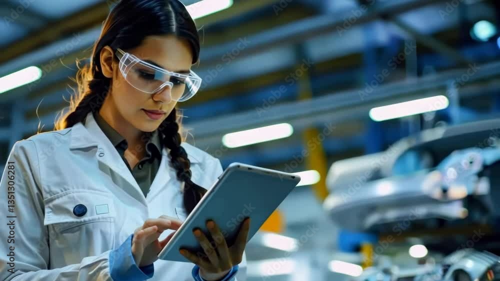 Poster a skilled engineer in protective eyewear conducts a detailed analysis on a tablet in a modern automo