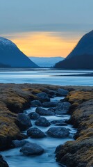 Fjord Sunset for Stream, Mountain Valley.