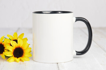 Black Handle Mug Mock Up With Sunflowers