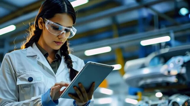 A skilled engineer in protective eyewear conducts a detailed analysis on a tablet in a modern automotive workshop, highlighting the intersection of technology and mechanical engineering