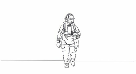 Obraz premium Firefighter rescues cat in line art illustration