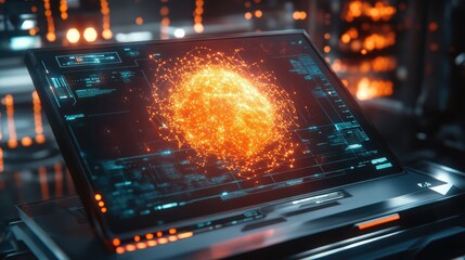 A futuristic laptop displaying a glowing, animated data visualization in a high-tech environment with glowing elements