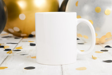 Blank 11oz Mug Mock Up With Celebration Graduation Theme With Black and Gold Confetti and Balloons