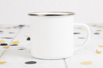 Metal Enamel Camping Mug Mock Up With Celebration Graduation Theme With Black and Gold Confetti