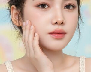 Detailed shot of a woman’s cheek with a natural blush effect, glowing under soft light. Gentle smile, relaxed expression. Taken from a lower angle to enhance contours